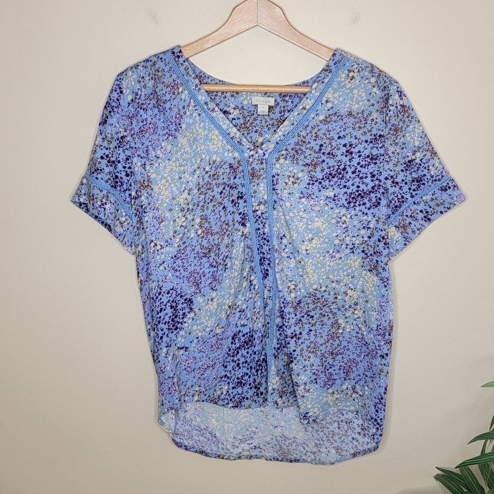 Hinge Blue Purple Yellow Floral Print Lace Trim Short Sleeve Top Size Small